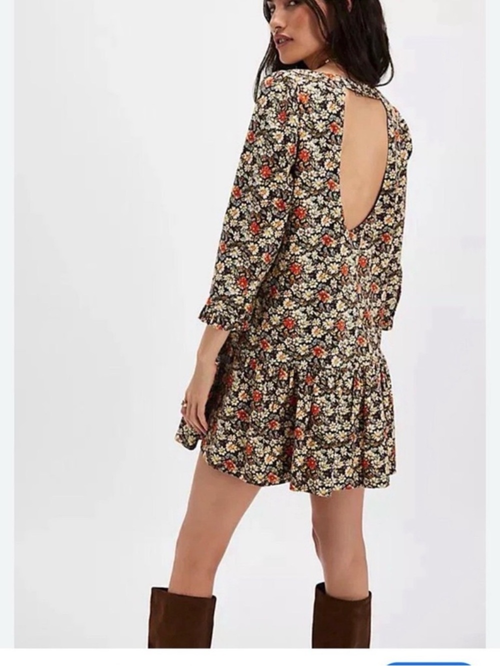 Free people Drop-Waist Dress in Brown with Orange & Cream Flowers (D0243)